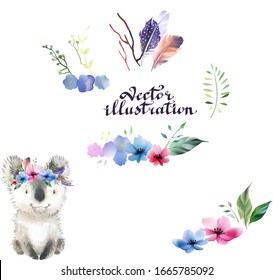 animal small style boho koala character for design, illustration print, elements set leaves, berries feathers flowers