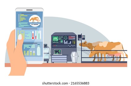 Animal smart farm technology vector illustration. Cow dairy milk production and livestock remote control. Mobile phone with application to monitoring temperature and industry indicator and data