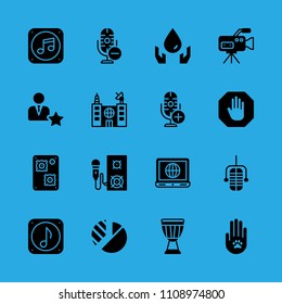 animal solidarity, stop, manager, music file, speaker, speaker, drum, microphone and music file vector icon. Simple icons set