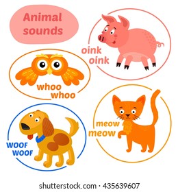 Animal sounds cat, dog, owl, pig vector training cards. Infographics for children.