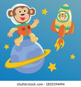 Animal in space. cute funny animals in space suit, futuristic poster with lettering, childrens print cartoon vector backgrounds. Raccoon, dog, tiger and lion, deep space calling