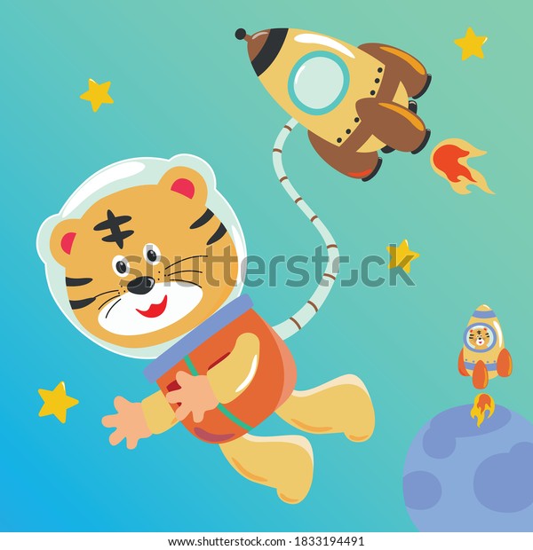 Animal in space.\
cute funny animals in space suit, futuristic poster with lettering,\
childrens print cartoon vector backgrounds. Raccoon, dog, tiger and\
lion, deep space\
calling