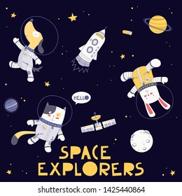 Animal Space Explorers in Space on Dark Background, Dog, Cat and Rabbit Astronaut Team Vector Illustration Design Elements Set