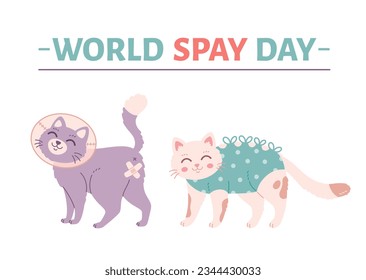 Animal spay or neuter. Cat in veterinary collar and bandage. Sterilization of pets. World spay day. Vector illustration in flat style