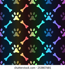 Animal spectrum seamless vector pattern of paw footprint and bone on black background. Dog style. Shiny grunge wallpaper.