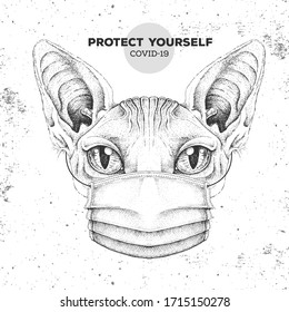 Animal sphynx cat wearing face medical mask. Covid-19 protection methods. Coronavirus Quarantine Warning. Vector illustration