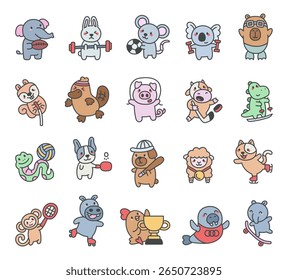 Atividade de esporte animal bonitinho kawaii personagem conjunto com várias criaturas de desenho animado jogando jogos e exercitando-se em pose diferente para sua ilustração e projetos de desenhos criativos