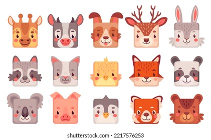 Animal square face. Cartoon cute animals muzzles, mobile ui game avatar comic child character kawaii head panda dog cat rabbit sticker icon collection ingenious vector illustration of cute face muzzle