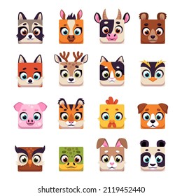 Animal square face. Cute cartoon UI icons with funny muzzles, wildlife and domestic heads. Kawaii raccoon, bear, tiger and rabbit. Avatar pig, panda and cow. Portraits vector isolated set