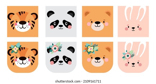 Animal square face with flowers. Cute template for notebook cover, exercise book, planner, note, stickers, labels. Funny cartoon Muzzles. Tiger, panda, bear, rabbit. Vector 