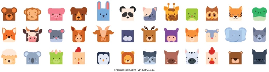 Conjunto de iconos de cara cuadrada animal. Grande colección de caras de animales de aspecto amigable en cuadrados, perfecta para cualquier proyecto que necesite un toque de belleza