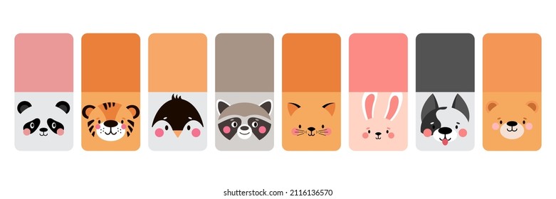 Animal square face. Template for kids label, notebook,diary, note, paper cards, stickers. Funny cartoon Muzzles. Vector 