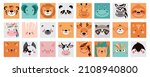 Animal square face ui. Cute simple icon set. Memo. Funny cartoon Muzzles. Vector illustrations on white background