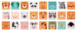 Animal Square Face Ui. Cute Simple Icon Set. Memo. Funny Cartoon Muzzles. Vector Illustrations On White Background