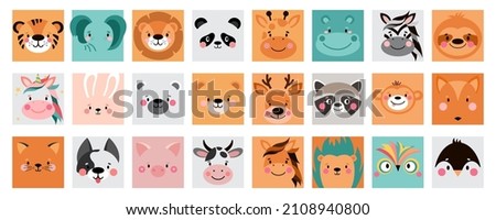 Animal square face ui. Cute simple icon set. Memo. Funny cartoon Muzzles. Vector illustrations on white background