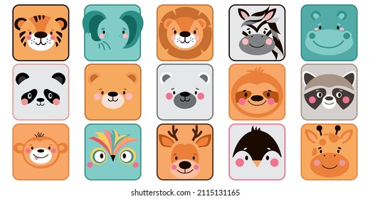 Animal square face ui. Funny cartoon Muzzles. Memo. Cute simple icon set. Vector illustrations on white background