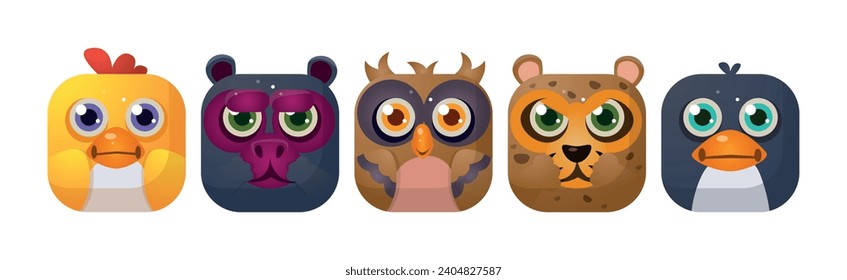Animal Square Faces and Cute Muzzle Icon for Mobile Application Vector Set