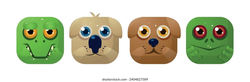 Animal Square Faces and Cute Muzzle Icon for Mobile Application Vector Set