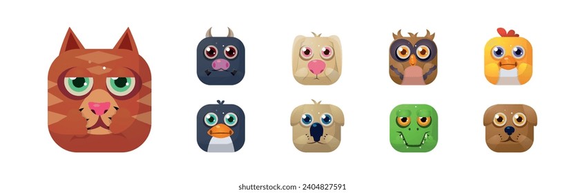 Animal Square Faces and Cute Muzzle Icon for Mobile Application Vector Set