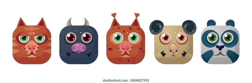 Animal Square Faces and Cute Muzzle Icon for Mobile Application Vector Set