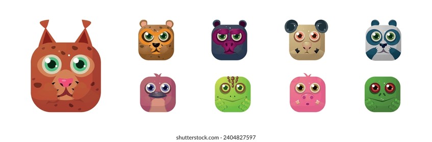 Animal Square Faces and Cute Muzzle Icon for Mobile Application Vector Set