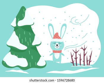 Animal stand alone on snow in winter forest. White hare or rabbit walking among fir trees and shrubs in snowy wood. Cartoon character dressed in hat and scarf. Vector illustration in flat style