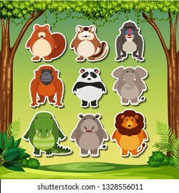 Animal sticker on nature background illustration