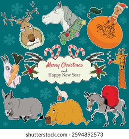 Animal sticker set. New Year stickers. Different animals. New Year vector