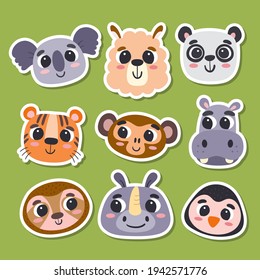 Animal stickers in cartoon style. Collection of cute wild animal heads. Vector illustration.