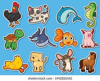 Animal stickers for kids. Collection cute Animal cartoon flat style. Vector illustration design template. Farm animals, wild animals, water animal