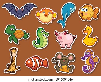 Animal stickers for kids. Collection cute Animal cartoon flat style. Vector illustration design template. Farm animals, wild animals, water animal
