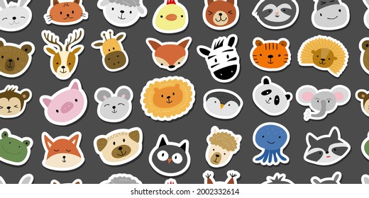 Animal Stickers Set. Childish Style. Seamless Pattern for your design