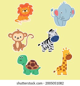 Animal stickers. Animal set. Print for t-shirt, bedding or clothing. 