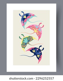Animal stingrays aesthetic beast wall art print. Printable minimal abstract stingrays poster. Wall artwork for interior design. Contemporary decorative background with beast.