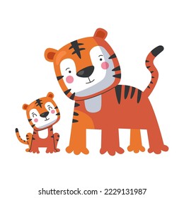 Animal striped tiger mom and baby, cute cartoon family. Vector illustration of animal happy parent and small child. Motherhood concept