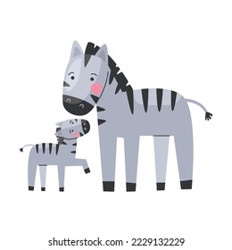 Animal striped zebra mom and baby, cute cartoon family. Vector illustration of animal happy parent and small child. Motherhood concept