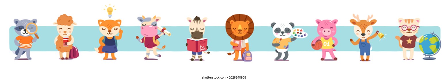 Animal student kids cartoon characters set. Funny fox, panda, lion, cat, zebra, cow, sheep, children elementary students with books, backpacks collection. Education concept flat vector illustration