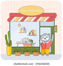 Animal student stands near kindergarten. Outside window koala asleep on table with books in class