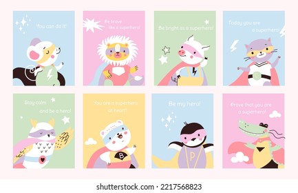 Animal superhero cards with positive slogan. Kids covers design, cute animals heroes in capes and masks. Clothes prints, nowaday vector graphic