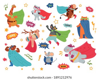 Animal Superhero. Cartoon Child Animals, Hero Costume On Cat Giraffe. Brave Wild Bear Wolf, Wild Character In Superman Cape Decent Vector Set