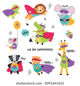 Animal Superhero Dressed in Mask and Cape or Cloak Vector Set