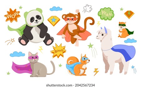 Animal superheroes concept. Set of colorful wild animal characters in masks and raincoats. Design element for sticker, poster and printing. Cartoon flat vector collection isolated on white background