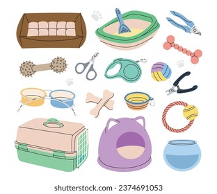 Animal supplies collection. Pillow sleep, cat litter box with scoop, carrying case, cage, pet box, aquarium, chew toys, bowls.