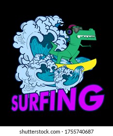 Animal surfing with big waves illustration for kids apparel