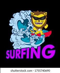 Animal surfing with big waves illustration for kids apparel