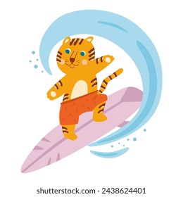 Animal surfing. Vector cute surfer tiger on surfboard. Funny summer sport illustration, leisure, beach activity design hand drawn in childish style. Funny surfer isolated element.