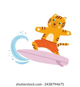 Animal surfing. Vector cute surfer tiger on surfboard. Funny summer sport illustration, leisure, beach activity design hand drawn in childish style. Funny surfer isolated element.