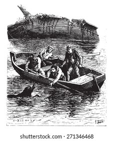 The animal swam painfully toward the boat, vintage engraved illustration.  Jules Verne, a 15 year old captain. 