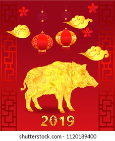 Animal symbol of Chinese New Year 2019, golden silhouette Yellow Pig or Boar. Zodiac sign on the oriental calendar. Background for congratulations and greeting card.