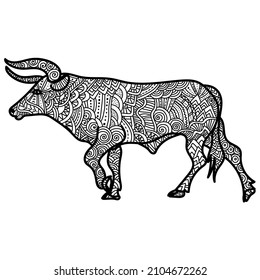 Animal symbol of the eastern horoscope Ox with ornate patterns, meditative animalistic coloring page